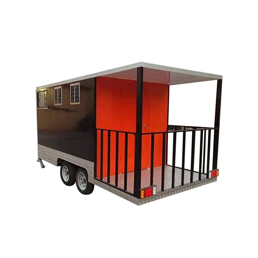 Outdoor Kiosk Food Concession Trailer Food Truck Black And Orange 4m Square Trailer With Balcony